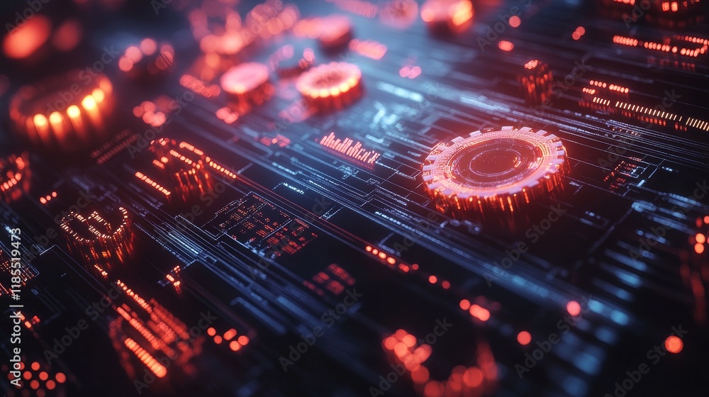 Poster futuristic 3d gears and data visualizations on digital blue background for big data, technology, and