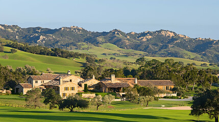 Tuscan-style resort nestled in rolling hills, showcasing golf course, mountain backdrop.