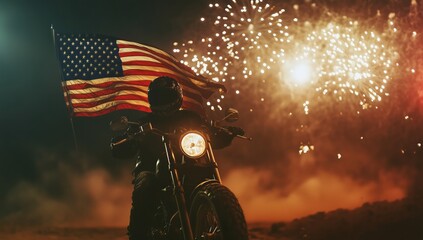 A large American flag waving in the wind with fireworks lighting up the sky behind it. A photo that symbolizes freedom and peace, representing the USA on Independence Day. - Generative AI