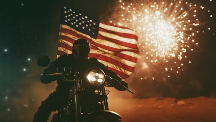 A large American flag waving in the wind with fireworks lighting up the sky behind it. A photo that symbolizes freedom and peace, representing the USA on Independence Day. - Generative AI