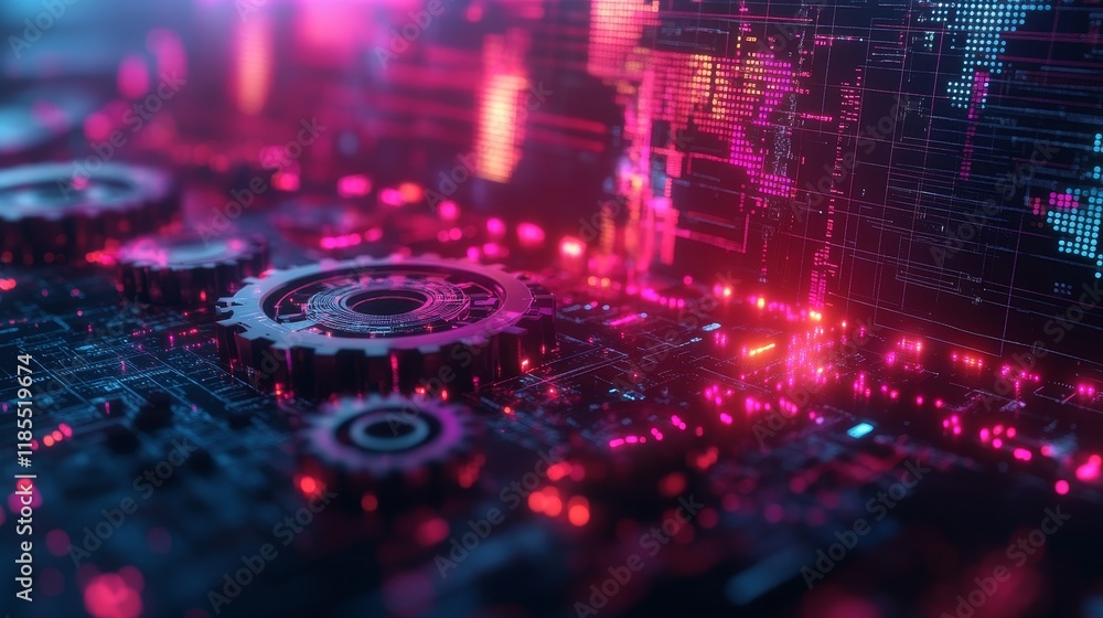 Poster futuristic 3d gears and data visualizations on digital blue background for big data, technology, and