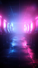 Naklejka premium Neon arcade machines in dimly lit hallway, vibrant colors