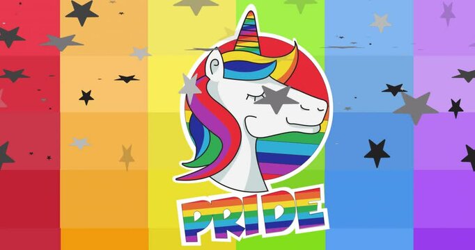 A vibrant unicorn illustration celebrates pride on a colorful background