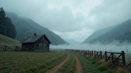Misty Mountain Solitude A Rustic Cabin Beckons on a Foggy Meadow Path