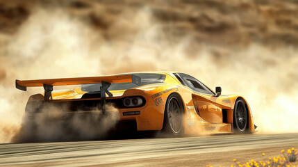 A sleek orange and yellow race car performing a burnout on a desert track with blooming wildflowers...