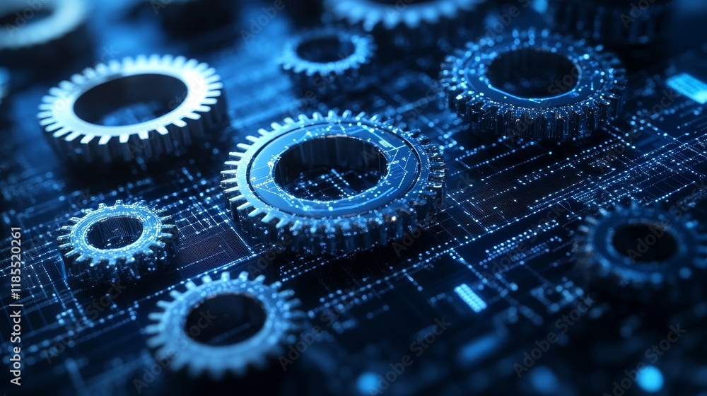 Poster futuristic 3d gears and data visualizations on digital blue background for big data, technology, and