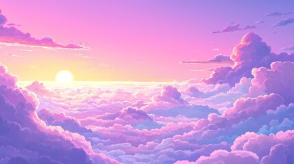 Dreamy Pastel Sunrise Above Fluffy Pink and Purple Cloudscape