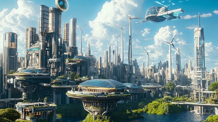 Naklejka premium Eco-Futuristic Cityscape, A Vision of Sustainable Urban Design