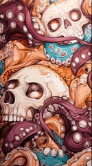 Obraz premium Intricate Skull and Octopus Tentacles Graphic Art