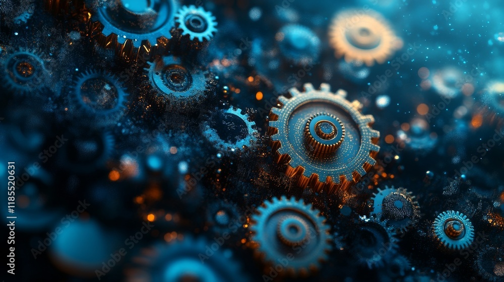 Poster futuristic 3d gears and data visualizations on digital blue background for big data, technology, and