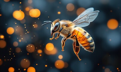 Naklejka premium A close-up of a bee in flight, surrounded by a soft, glowing background of light particles.