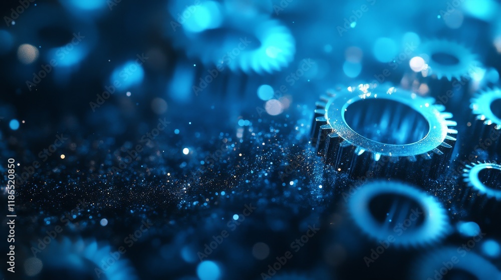 Poster futuristic 3d gears and data visualizations on digital blue background for big data, technology, and