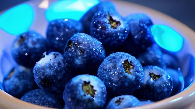 Static luxurious blueberry clusters piled on a ceramic bowl, with a cool, reflective surface and blue gel lighting, dusty blue berries, natural highlights, clean modern vibe