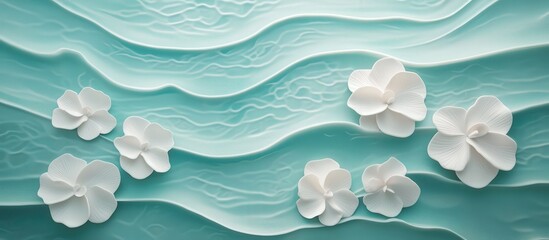 Serene Aqua Floral: White flowers on a calming aqua blue wave background. An image that evokes tranquility, peace, and natural beauty. Perfect for spa, wellness, or nature-themed projects.