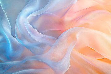 Abstract flowing fabric, pastel colors, ethereal texture, soft gradients, translucent waves, iridescent sheen, silk-like material, dreamy atmosphere, fluid motion