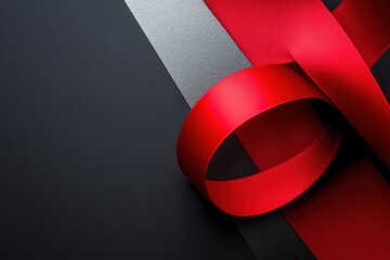 Elegant red ribbon on black and silver background