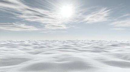 Serene Winter Landscape Undulating Snowdrifts Under a Bright Sun and Cloudy Sky