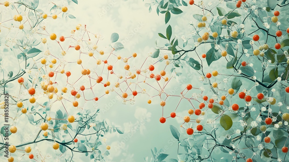 Poster abstract molecular structure intertwined with leafy branches