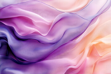 Gentle lavender and peach fluid fabric layers forming wavy abstract patterns with light reflections, ideal for elegant backgrounds and branding purposes