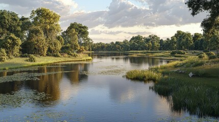 Serene Summer Landscape Picturesque River Lush Green Trees Calm Water Sunny Sky