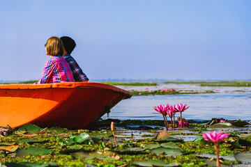 Scenic beautiful view nature of Red Lotus Lake. Pink water lilies nymphaeaceae blooming on the...
