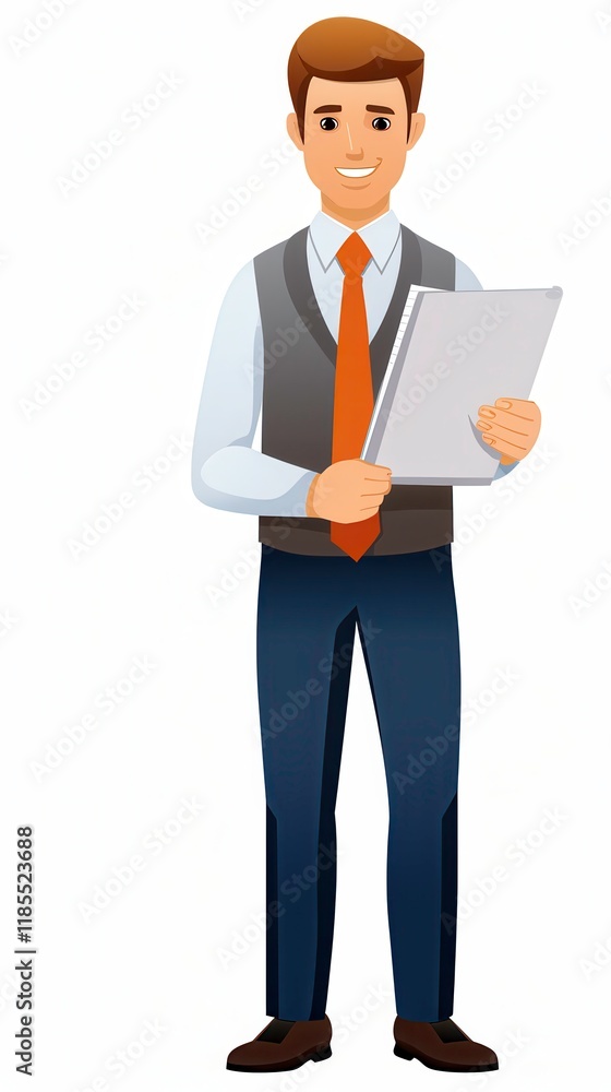 Poster man in office preparing a press release with animated style illustration and white background atmosp