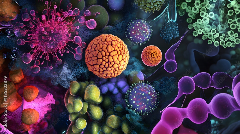 Poster microscopic view of diverse colorful microorganisms