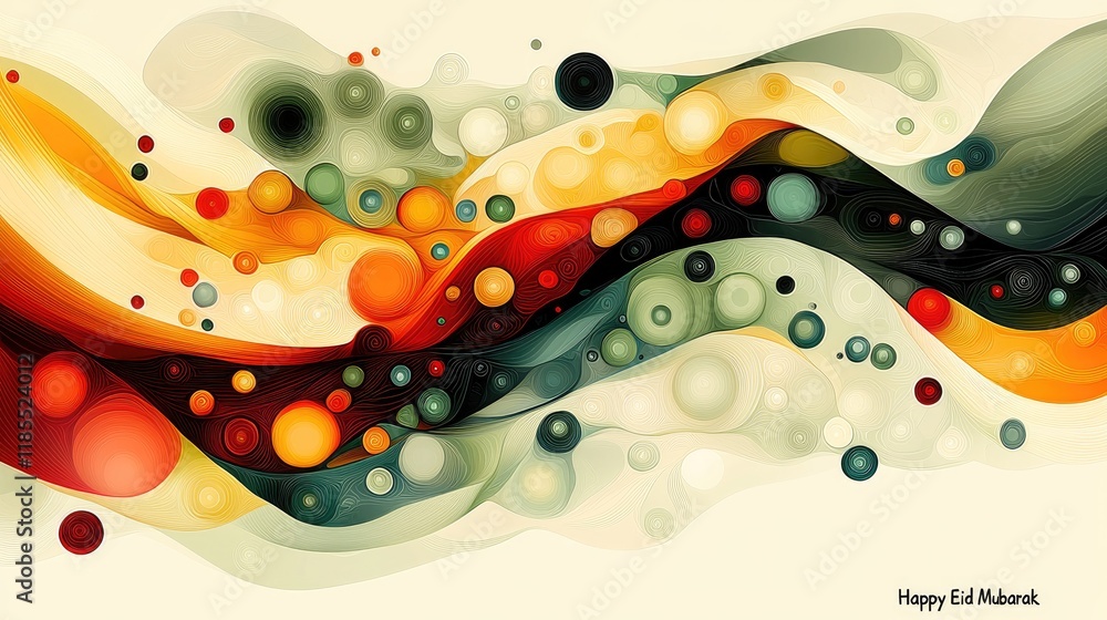 Poster abstract flowing forms in warm and cool colors: a dynamic composition of wavy lines, circles, and te