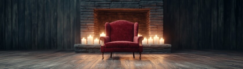 Red Velvet Armchair by Fireplace Warm Candlelight, Cozy Interior, 3D Render, Wood Floor Cozy Interior, Fireplace