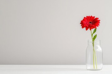 Obraz premium Single red flower in a glass jar on a plain white table, minimalist Valentine, simplified expressions of love