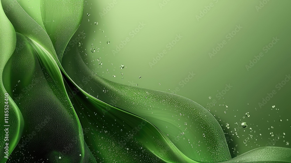 Poster abstract flowing green liquid with sparkling particles: serene and ethereal background