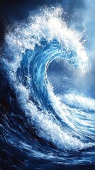 A dynamic ocean wave crashing with vibrant blue hues, showcasing the power and beauty of nature.