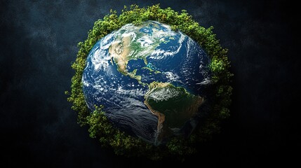 Fototapeta premium A digital illustration of Earth surrounded by lush greenery, symbolizing environmental conservation and sustainability.