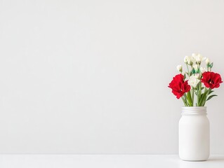 Fototapeta premium A single red flower in a crystal-clear glass jar on a pristine white table, illuminated by gentle sunlight, emanating a peaceful romantic atmosphere.