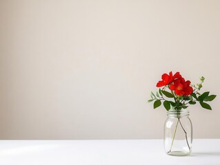 Fototapeta premium A single red flower in a crystal-clear glass jar on a pristine white table, lit by soft natural sunlight, creating a serene romantic vibe.
