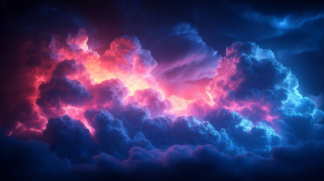 Abstract colorful sky featuring dramatic neon-lit cloud formations.