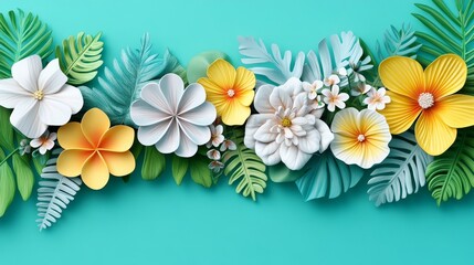 Obraz premium Vibrant Paper Flowers and Tropical Leaves Arrangement on Teal Background