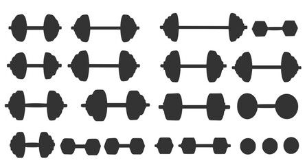 Set of illustrations of weightlifting barbells and dumbells . Design element for logo, label, sign, emblem, banner. Vector illustration
