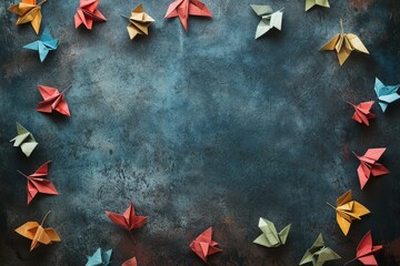 Colorful Origami Leaves Arranged on Dark Background