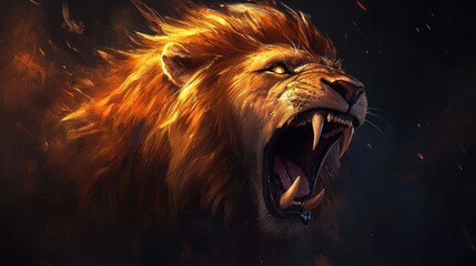 Fiery roaring lion head, intense expression, dark background.