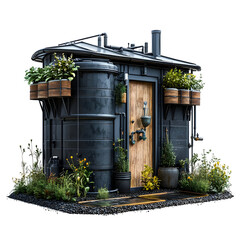Obraz premium Small rustic home with wooden door and metal siding, surrounded by plants and flowers on a transparent background