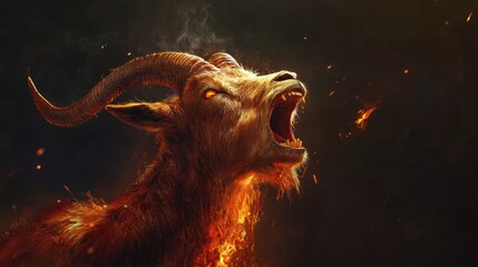 Flaming goat head roaring intensely against dark background.