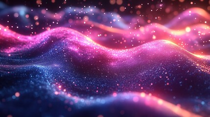 A vibrant abstract representation of flowing waves illuminated by colorful particles.