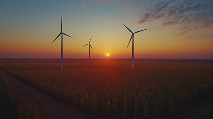 Wind turbines in a scenic field illuminated by a colorful sunset.