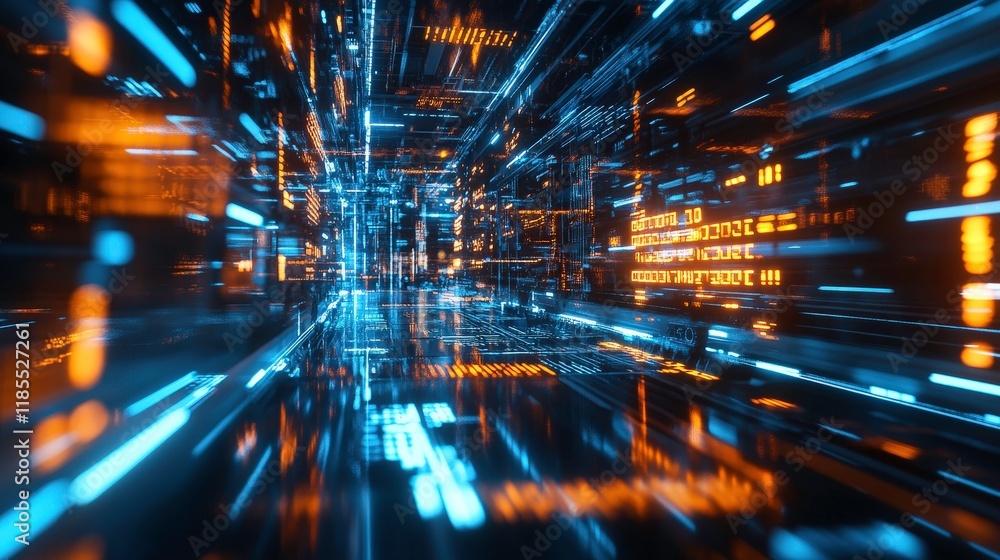 Poster digital data stream: abstract visualization of a futuristic digital tunnel, glowing with vibrant blu