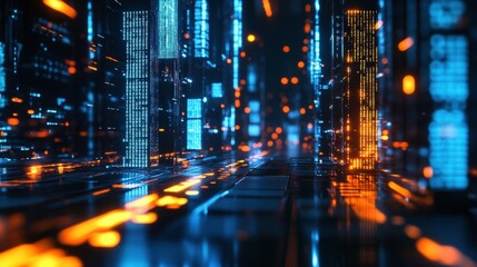 Obraz premium Digital Metropolis: A mesmerizing, abstract cityscape composed of glowing blue and orange data streams, hinting at a future where technology and information intertwine. 