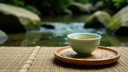 Fototapeta premium Serene Moment A single cup of tea rests on a delicately carved wooden tray, positioned on a woven mat beside a gently flowing stream, surrounded by smooth river stones and lush greenery.