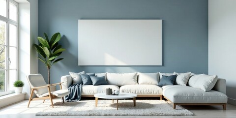 Modern living room interior design with cozy sectional sofa and large blank canvas above