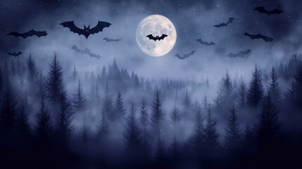 Spooky Halloween Night  Bats  Full Moon  Misty Forest