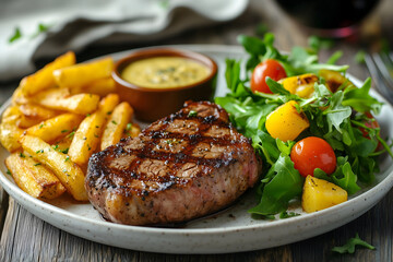 A perfectly cooked steak meal plated on a wooden table, featuring a juicy, medium-rare steak with grill marks, accompanied by golden crispy fries, fresh salad, creamy sauce, and a glass of red wine. 